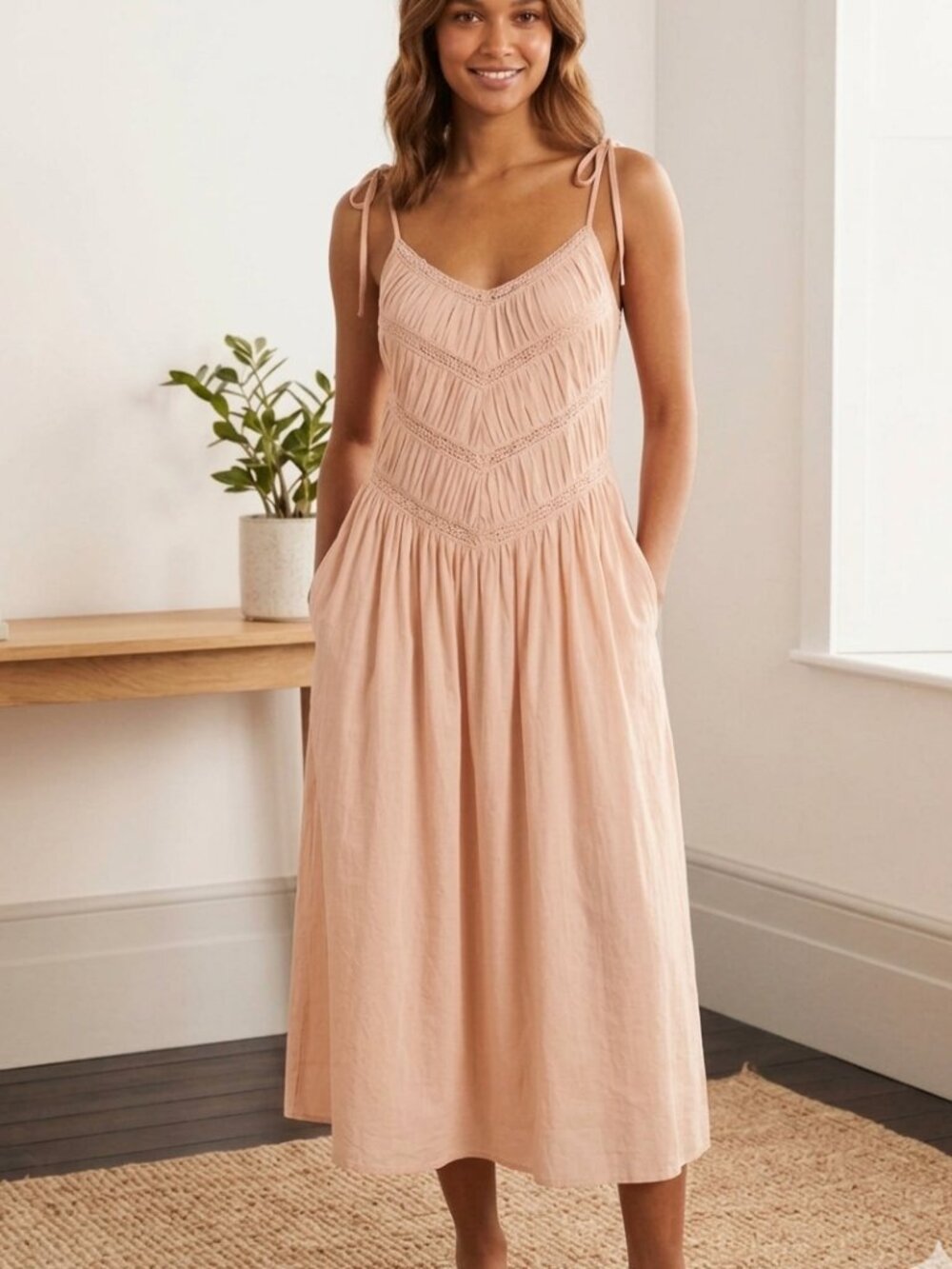 STORIA NWT Peach Boho Chevron Pleated Midi Sleeveless Dress Size L/XL Summer